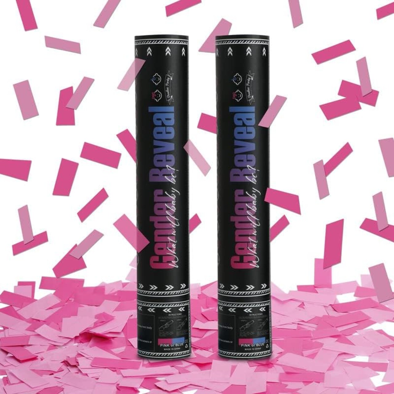 Gender Reveal Pink Confetti Cannon, Baby Shower Pink only Biodegradable Confetti Poppers for Girl Baby Reveal Party - 2 Set